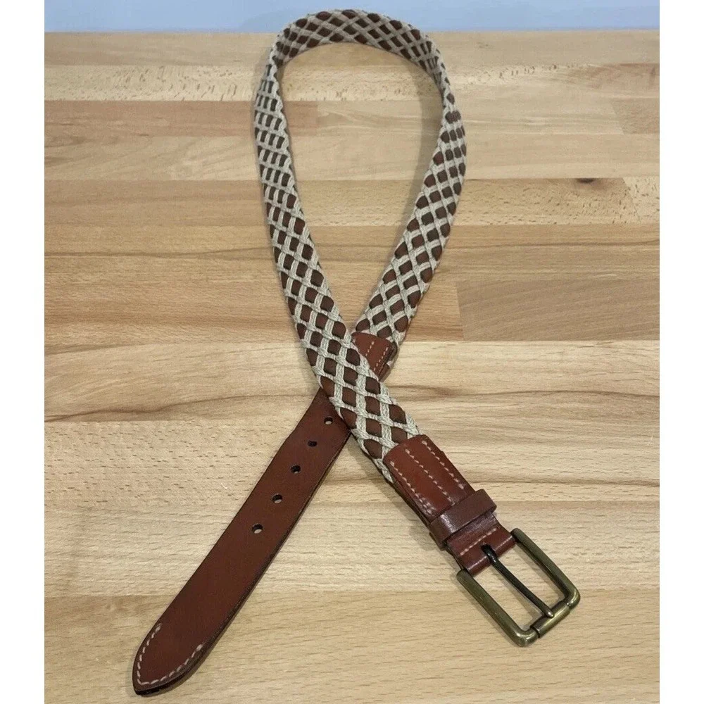 Trafalgar Mens Woven Belt 44 Brown Leather Jute Rope Casual‎ Brass Buckle USA